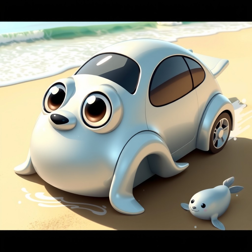 A whimsical character design of a car inspired by a seal, featuring a sleek, streamlined body with soft curves resembling a seal's shape