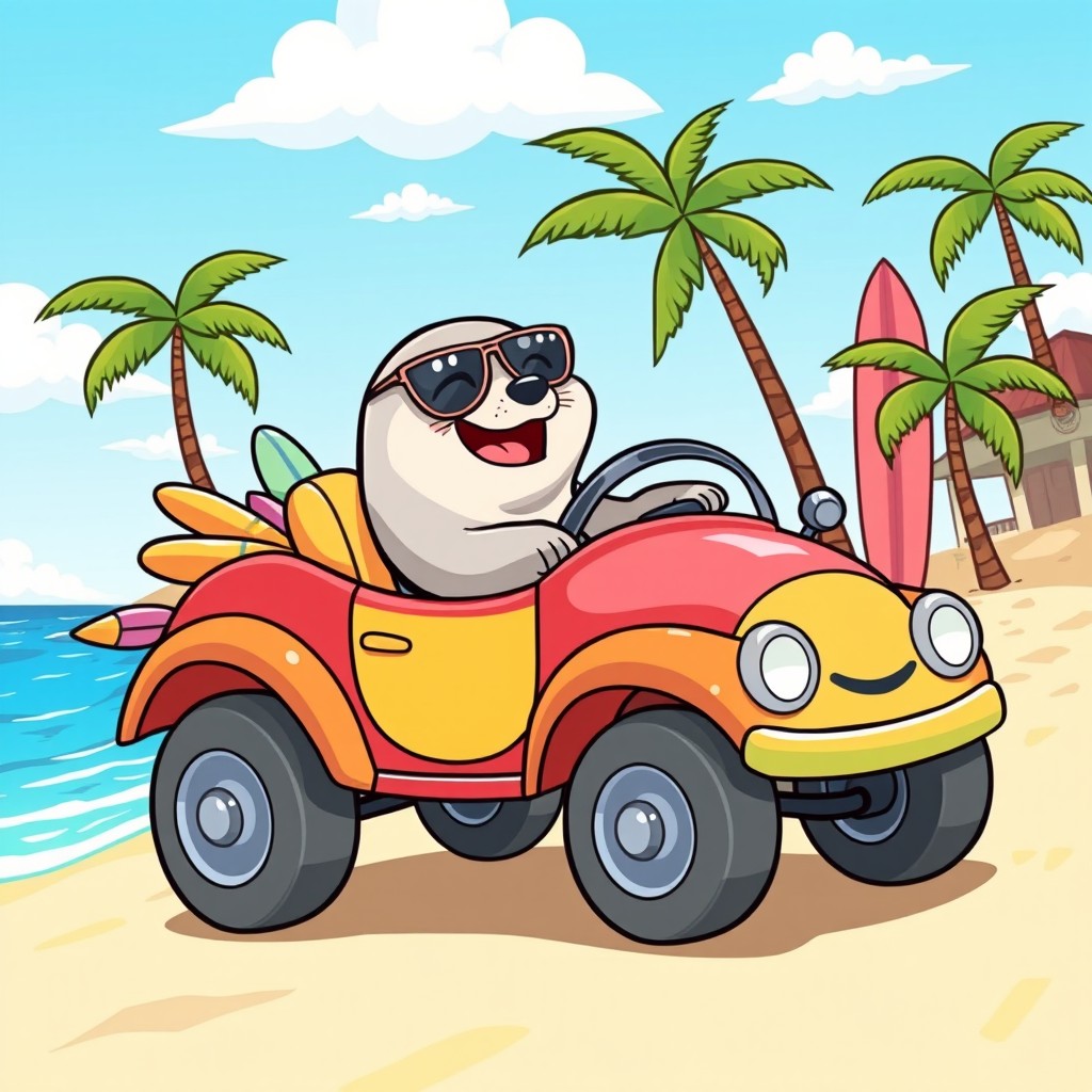 A whimsical cartoon illustration of a cute seal driving a colorful cartoon car, with beach-themed decorations such as surfboards and palm trees in the background