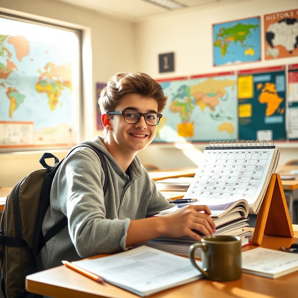A high school student eagerly awaiting their geography and history exam sessions, sitting at a desk filled with books and notes, looking excited and anxious