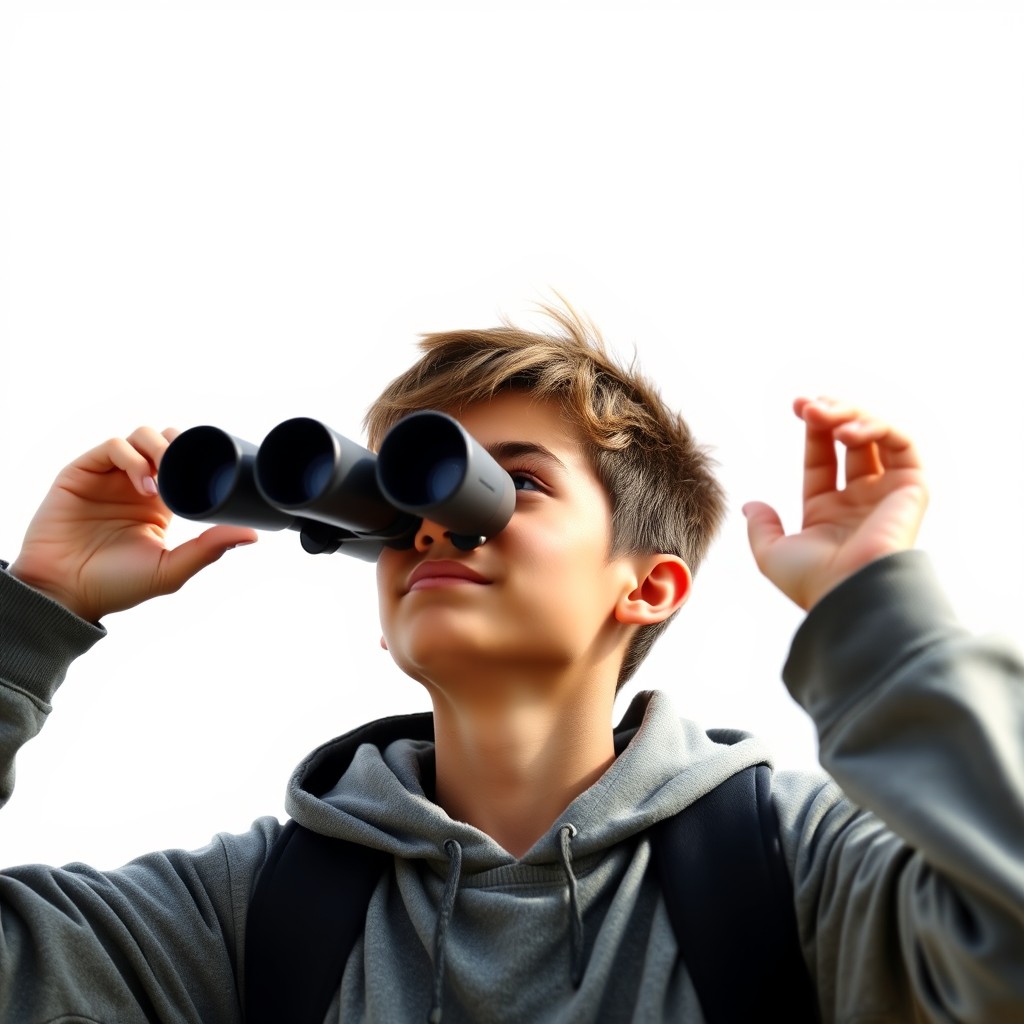 A high school student gazing through binoculars at a distant horizon, full of curiosity and wonder