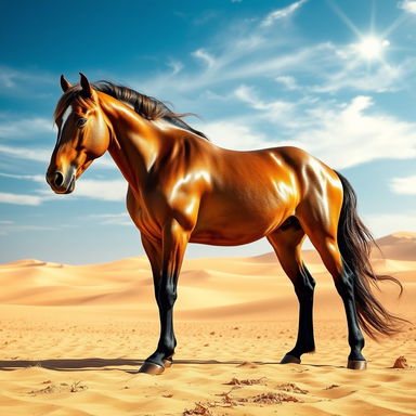 A grand and powerful horse stands majestically in a vast desert landscape, known as the king of all horses