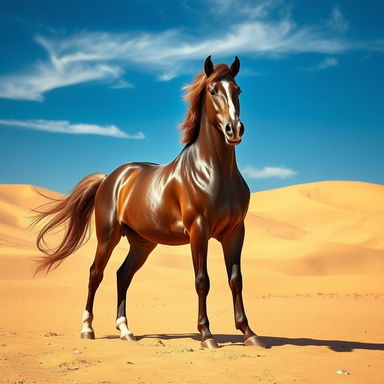 A grand and powerful horse stands majestically in a vast desert landscape, known as the king of all horses