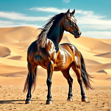 A grand and powerful horse stands majestically in a vast desert landscape, known as the king of all horses