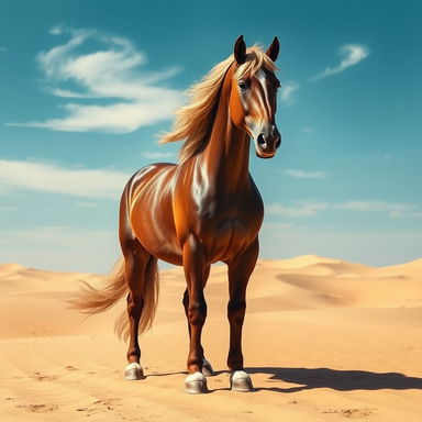 A grand and powerful horse stands majestically in a vast desert landscape, known as the king of all horses