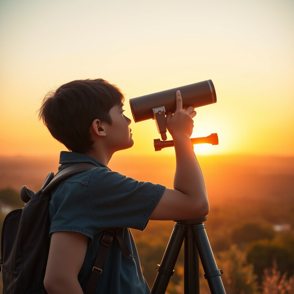 A full-length image of a high school student gazing eagerly through a two-lensed telescope towards the distant eastern horizon