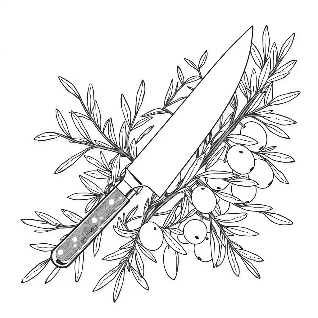 A line art illustration featuring a knife gracefully resting among a tangle of olive branches