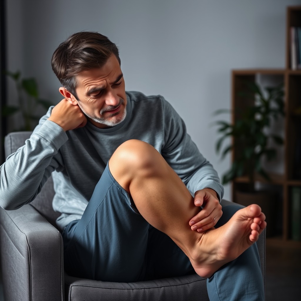 A person experiencing joint pain, sitting on a chair with a look of discomfort on their face