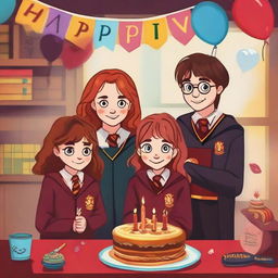 Harry Potter, Hermione Granger, and Ron Weasley in their Hogwarts attire smiling and holding a colorful birthday cake with 'Happy Birthday Khulan' written on it, in a cosy Gryffindor common room.