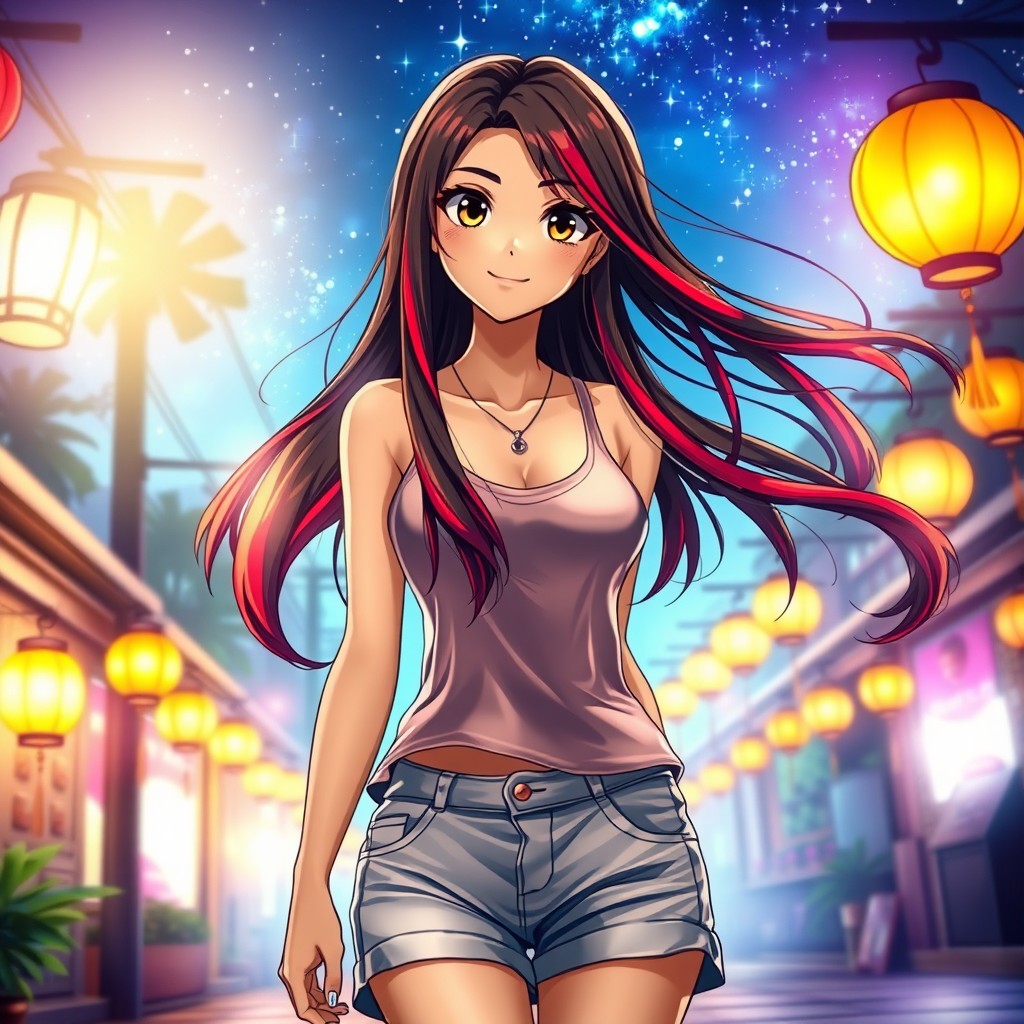 A charismatic Latina woman with mesmerizing brown eyes, long flowing dark hair highlighted with vibrant red strands, and a slight tan complexion