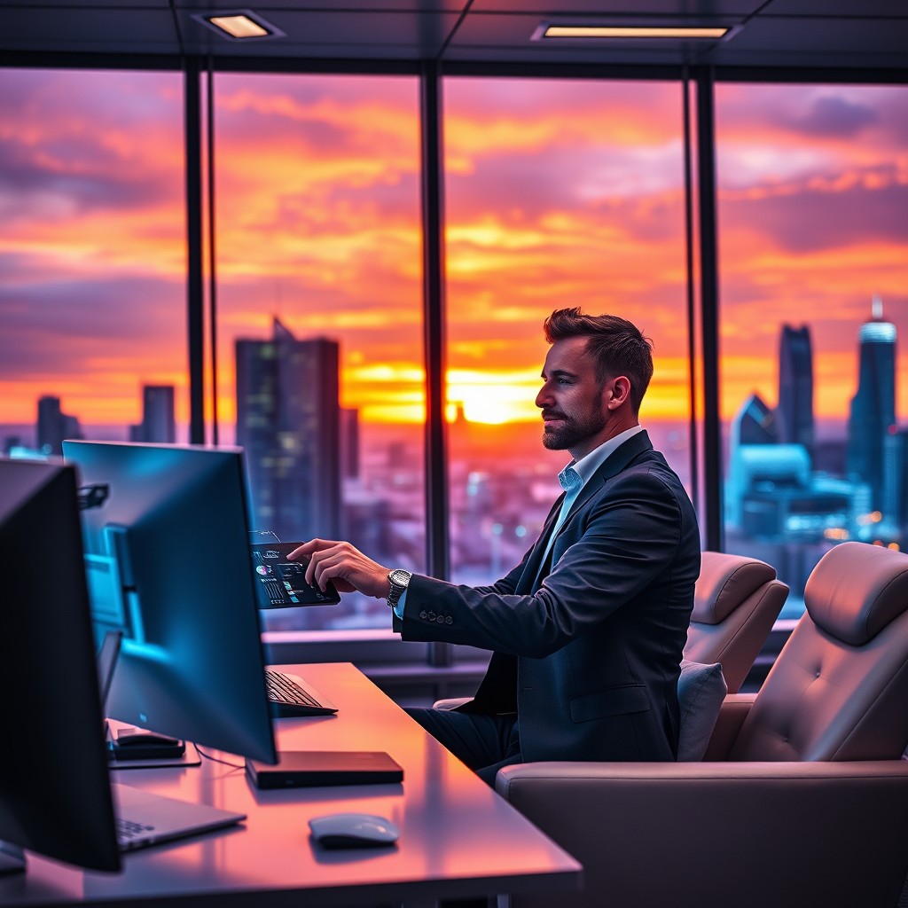 A man in a high-tech office setting, confidently working on a futuristic computer while wearing sleek business attire