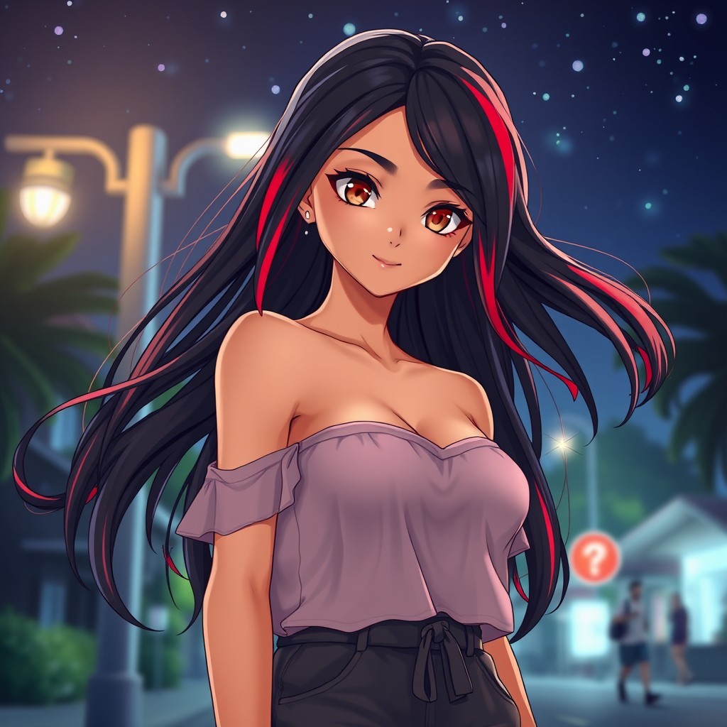 A charismatic Latina woman with mesmerizing brown eyes, long flowing dark hair featuring vibrant red highlights, and a slight tan complexion
