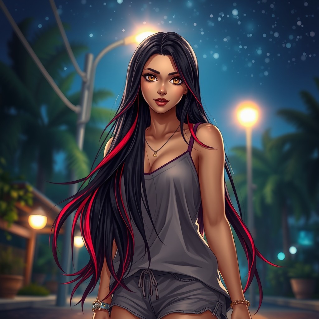 A charismatic Latina woman with mesmerizing brown eyes, long flowing dark hair highlighted with striking red strands, and a slight tan complexion