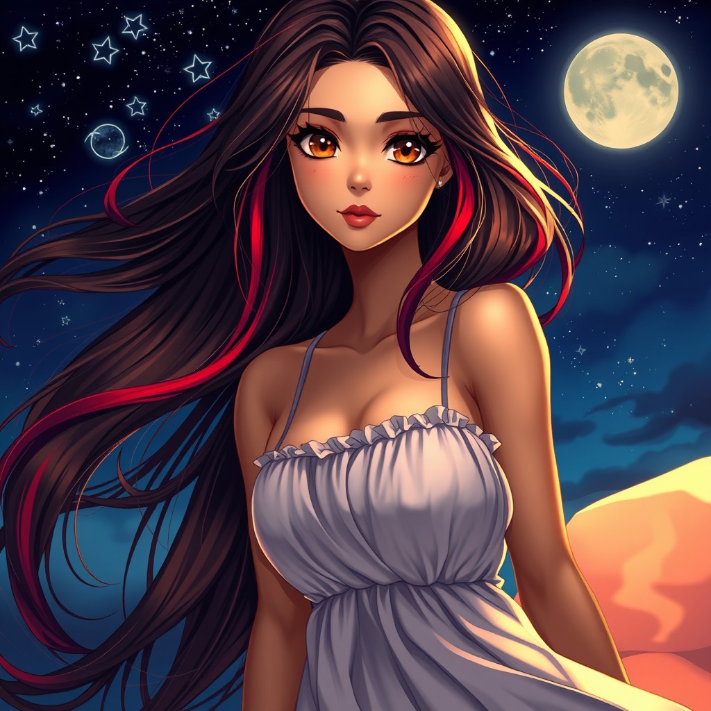 A charismatic Latina woman with mesmerizing brown eyes and long flowing dark hair infused with vibrant red highlights, exhibiting a slight tan complexion