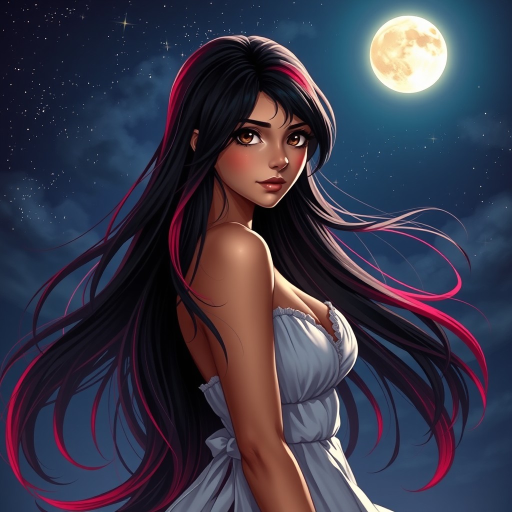 A charismatic Latina woman with mesmerizing brown eyes and long flowing dark hair featuring striking red highlights, exhibiting a slight tan complexion