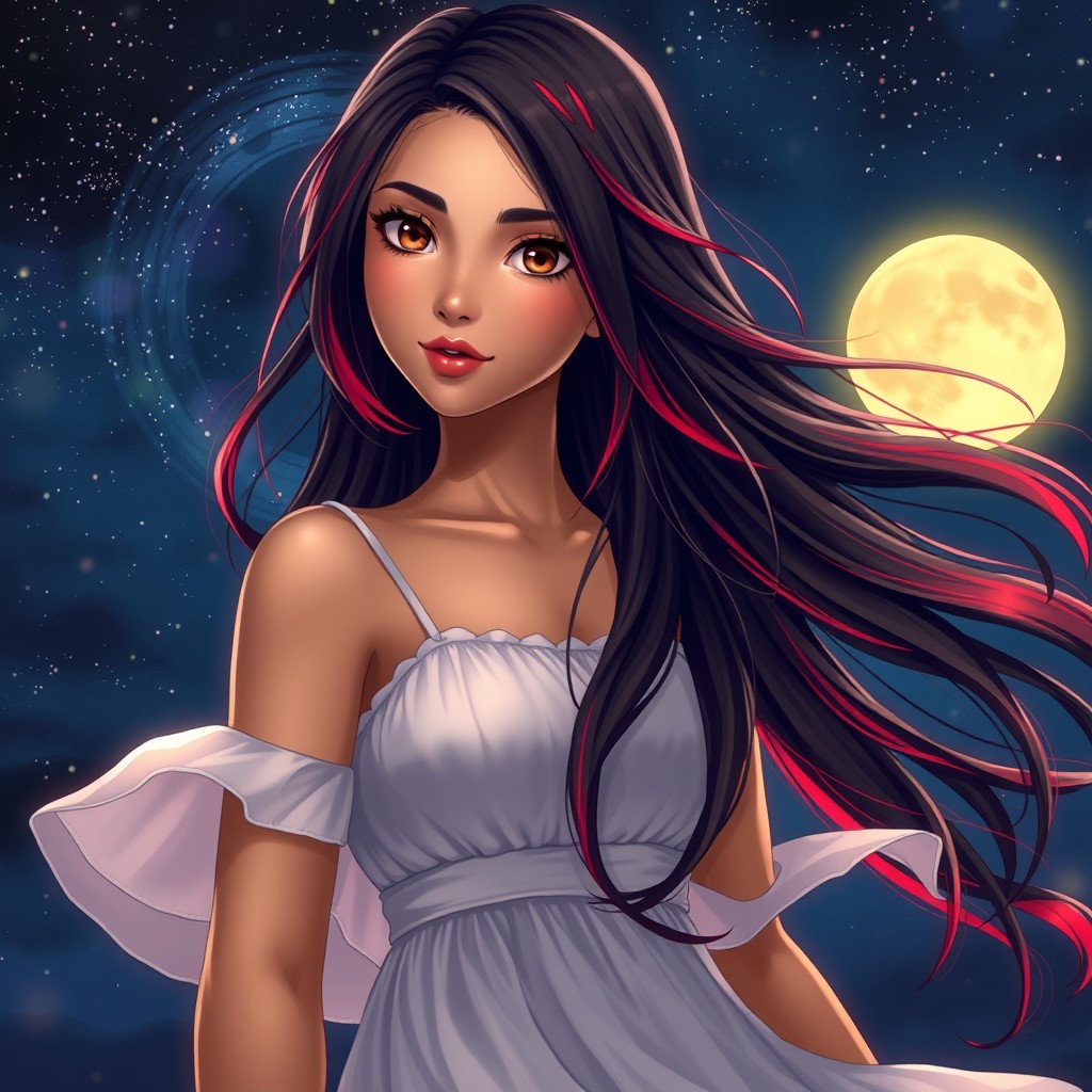 A charismatic Latina woman with mesmerizing brown eyes and long flowing dark hair featuring striking red highlights, displaying a slight tan complexion