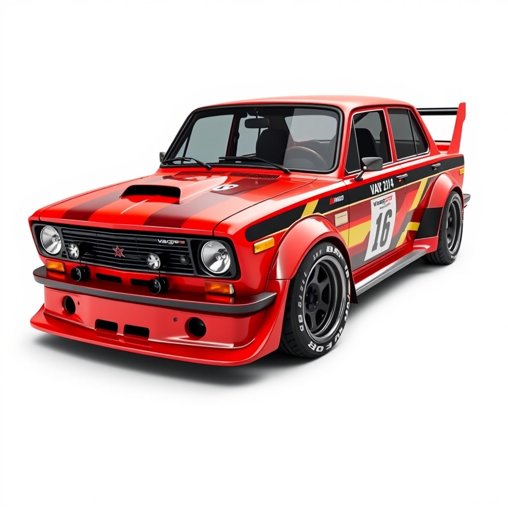 A VAZ 2114 car styled in Kanjo racing aesthetics, showcasing aggressive modifications