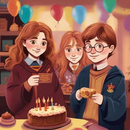 Harry Potter, Hermione Granger, and Ron Weasley in their Hogwarts attire smiling and holding a colorful birthday cake with 'Happy Birthday Khulan' written on it, in a cosy Gryffindor common room.