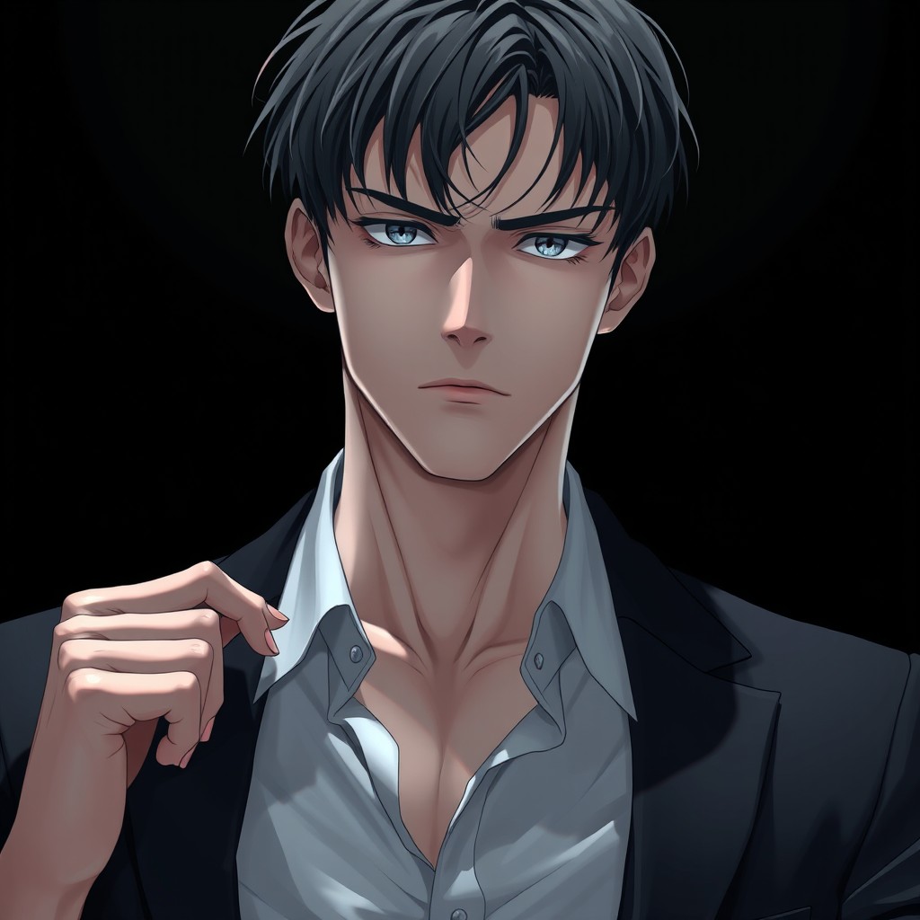 A handsome 21-year-old Russian man with pale skin and slightly messy short black hair
