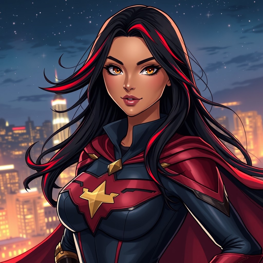 A charismatic Latina superhero with mesmerizing brown eyes and long flowing dark hair accented with vibrant red highlights