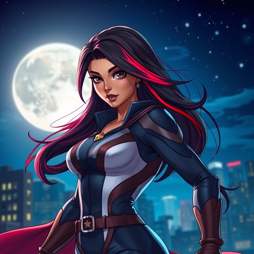 A charismatic Latina superhero with mesmerizing brown eyes and long flowing dark hair enhanced by striking red highlights