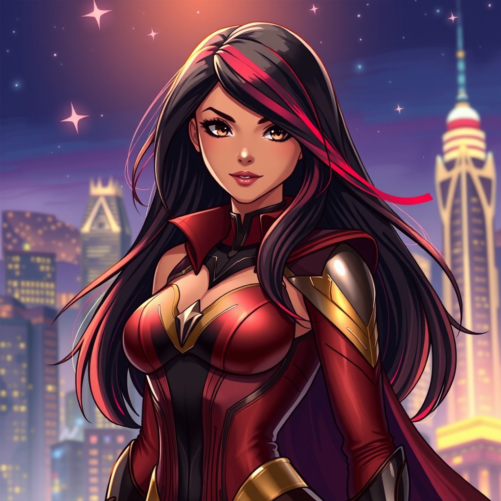 A charismatic Latina superhero with mesmerizing brown eyes, long flowing dark hair highlighted with vibrant red streaks, and a slight tan complexion