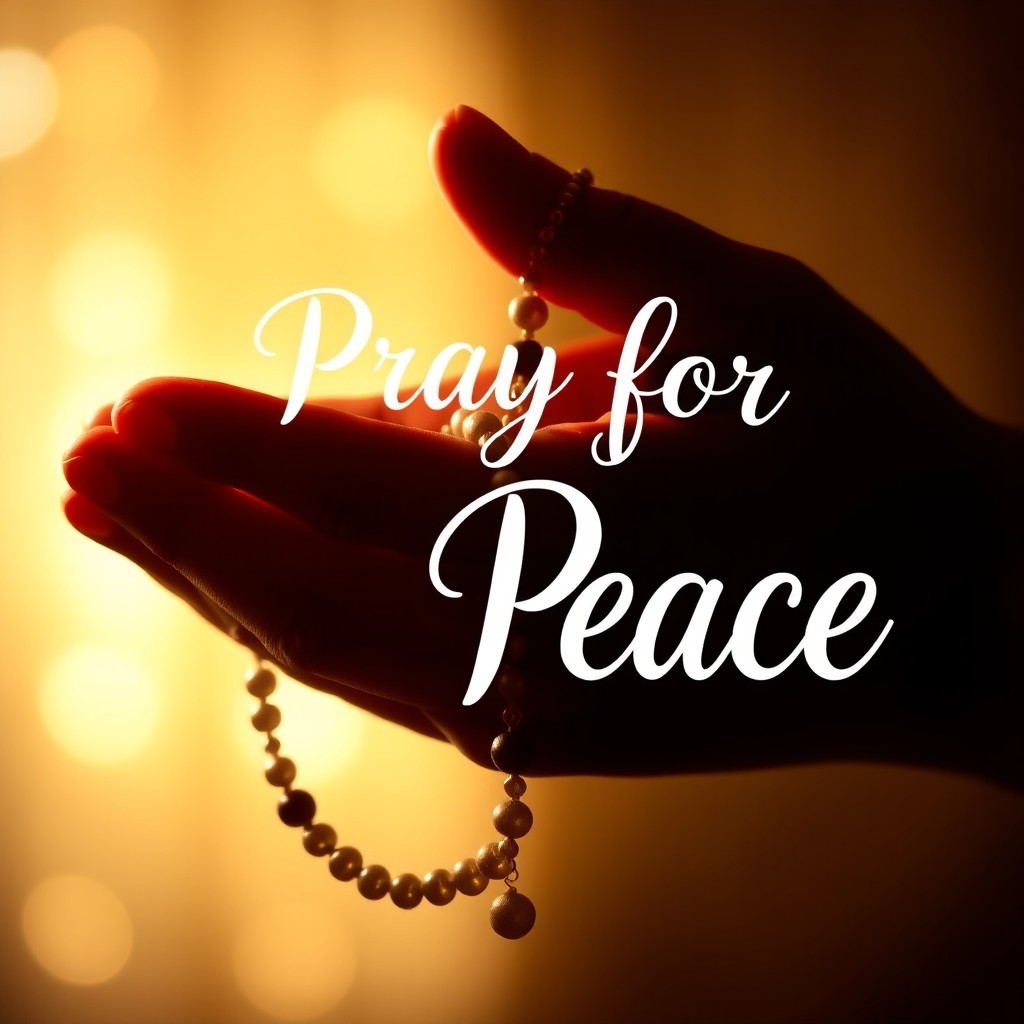 A serene and beautifully lit image of praying hands gently clasping a rosary, the beads glistening with a soft shine