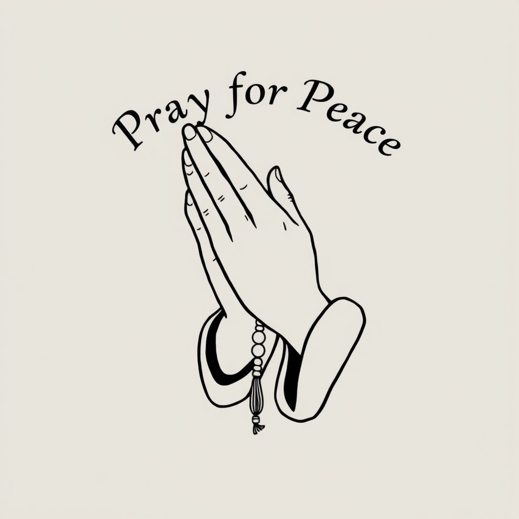 A simple and elegant design featuring a pair of praying hands holding a rosary