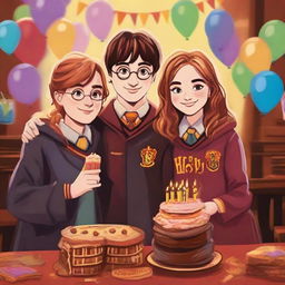 Harry Potter, Hermione Granger, and Ron Weasley in their Hogwarts attire smiling and holding a colorful birthday cake with 'Happy Birthday Khulan' written on it, in a cosy Gryffindor common room.