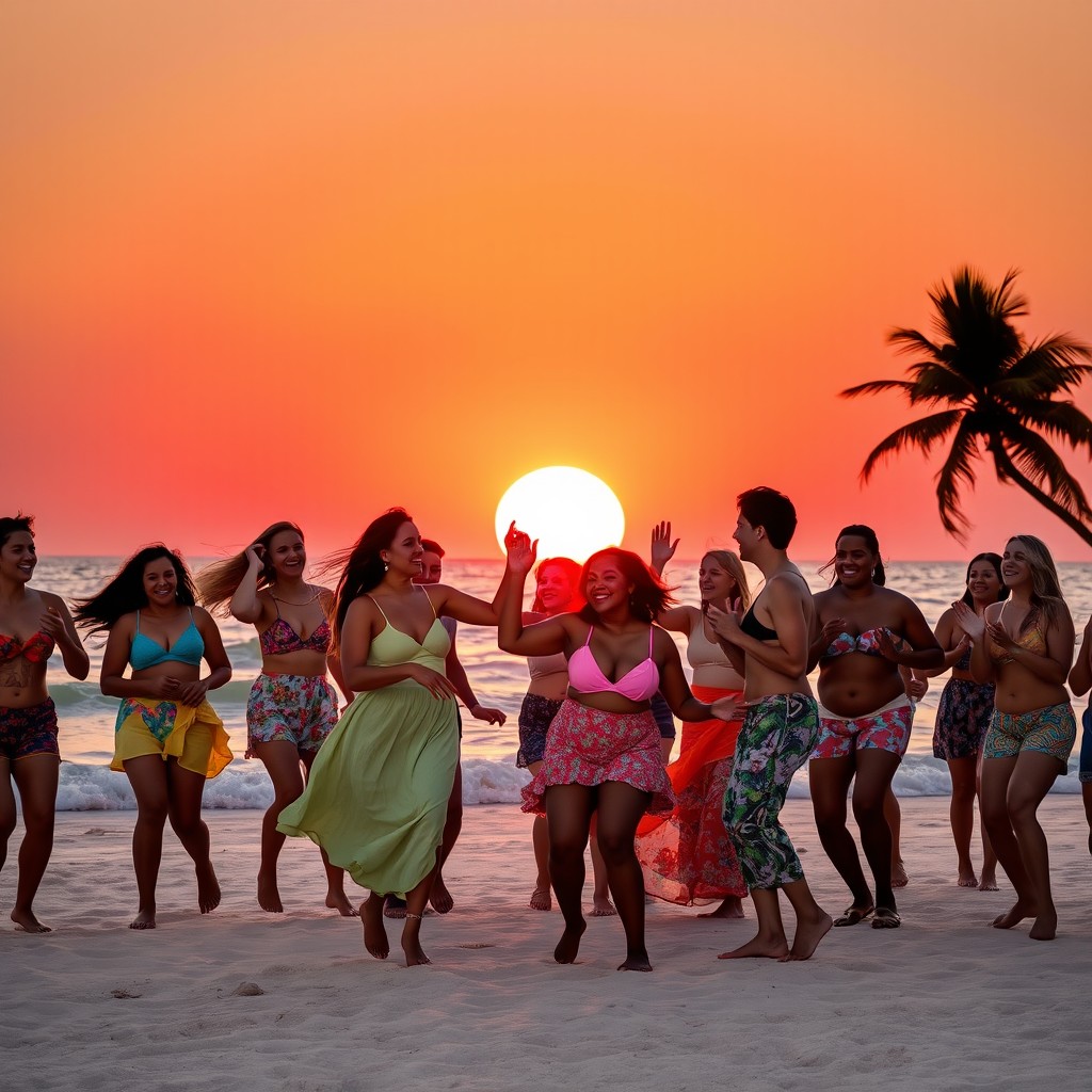 A vibrant beach scene during sunset, where a group of people are dancing joyously