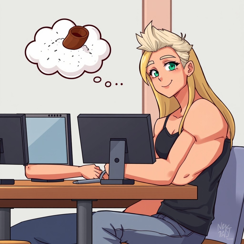 An animated scene depicting a muscular male character with short faded hair sitting confidently at a table