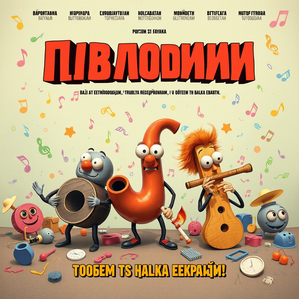 A movie poster for a film titled "Баян безкнопочный, труба забитая, флейта Бездырочная, в общем ты палка ебать", prominently featuring the title across the top in bold, playful typography