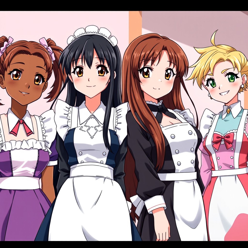 Four maid girls in a 1990s anime style, each showcasing their unique features and outfits