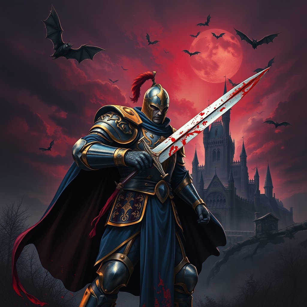 A fierce knight standing valiantly with a bloody sword, adorned in striking blue and gold armor, symbolizing his noble lineage
