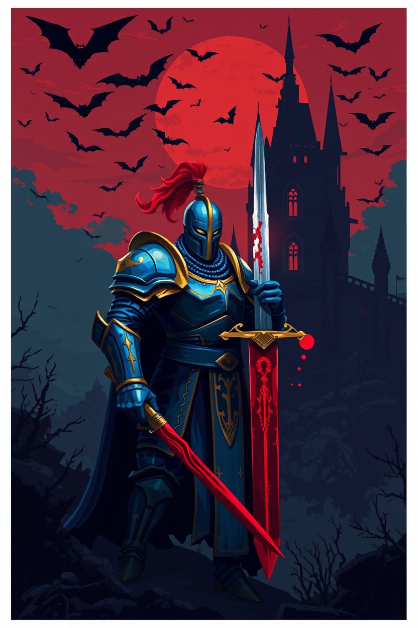 A knight clad in striking blue and gold armor, standing poised with a bloody sword