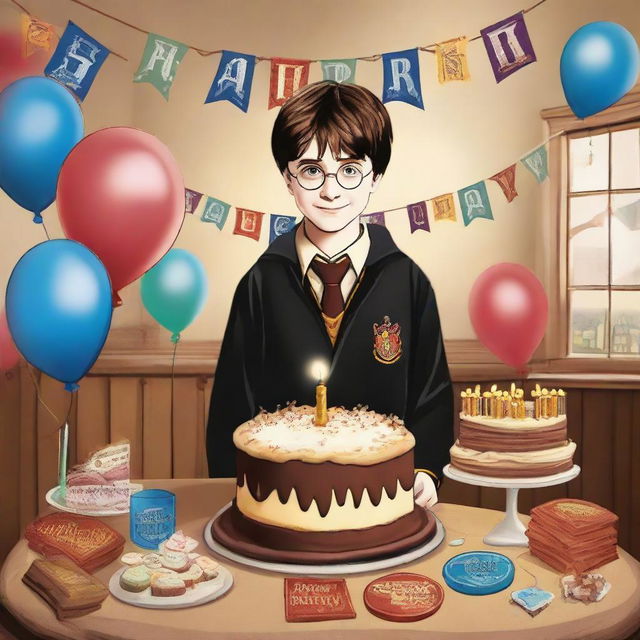 Harry Potter, in his Hogwarts uniform, holding a surprise birthday party. He is standing in a room decorated with Hogwarts banners, magic-themed balloons and a cake with 'Happy Birthday' written on it