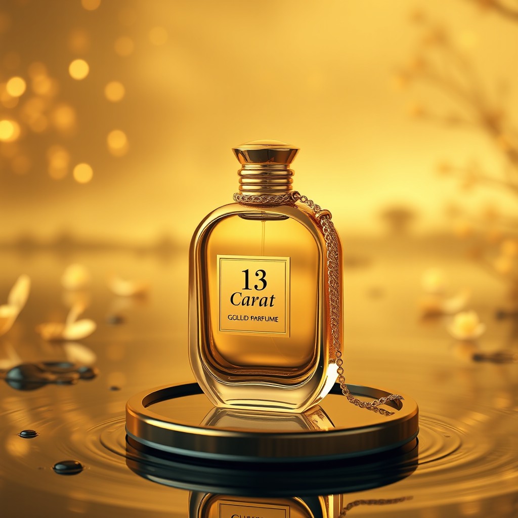 A luxurious golden bottle of perfume named '13 Carat', creatively designed without the name on the bottle itself, but instead attached to the top with a delicate golden necklace