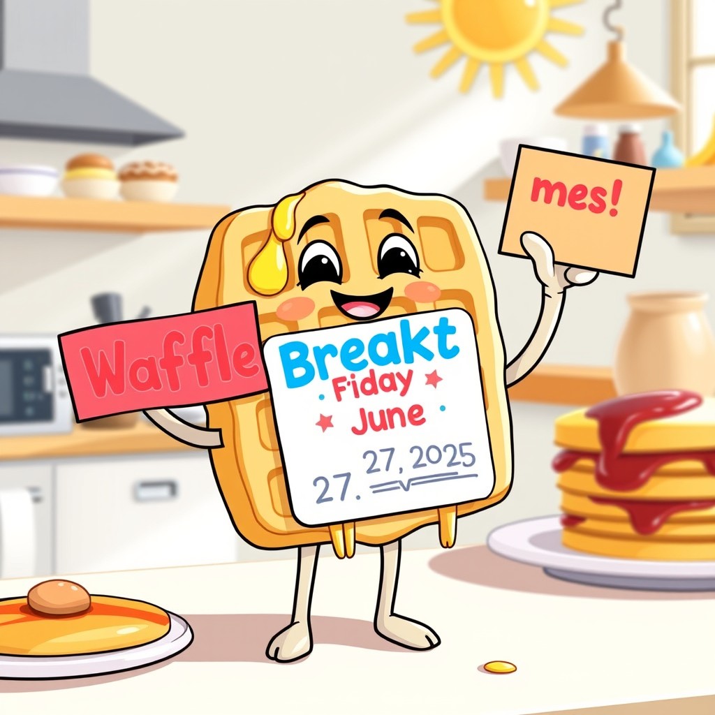 A cute anthropomorphic waffle character, with a smiling face and cartoonish features, joyfully holding a colorful sign that reads "Waffle Breakfast Friday, June 27, 2025"