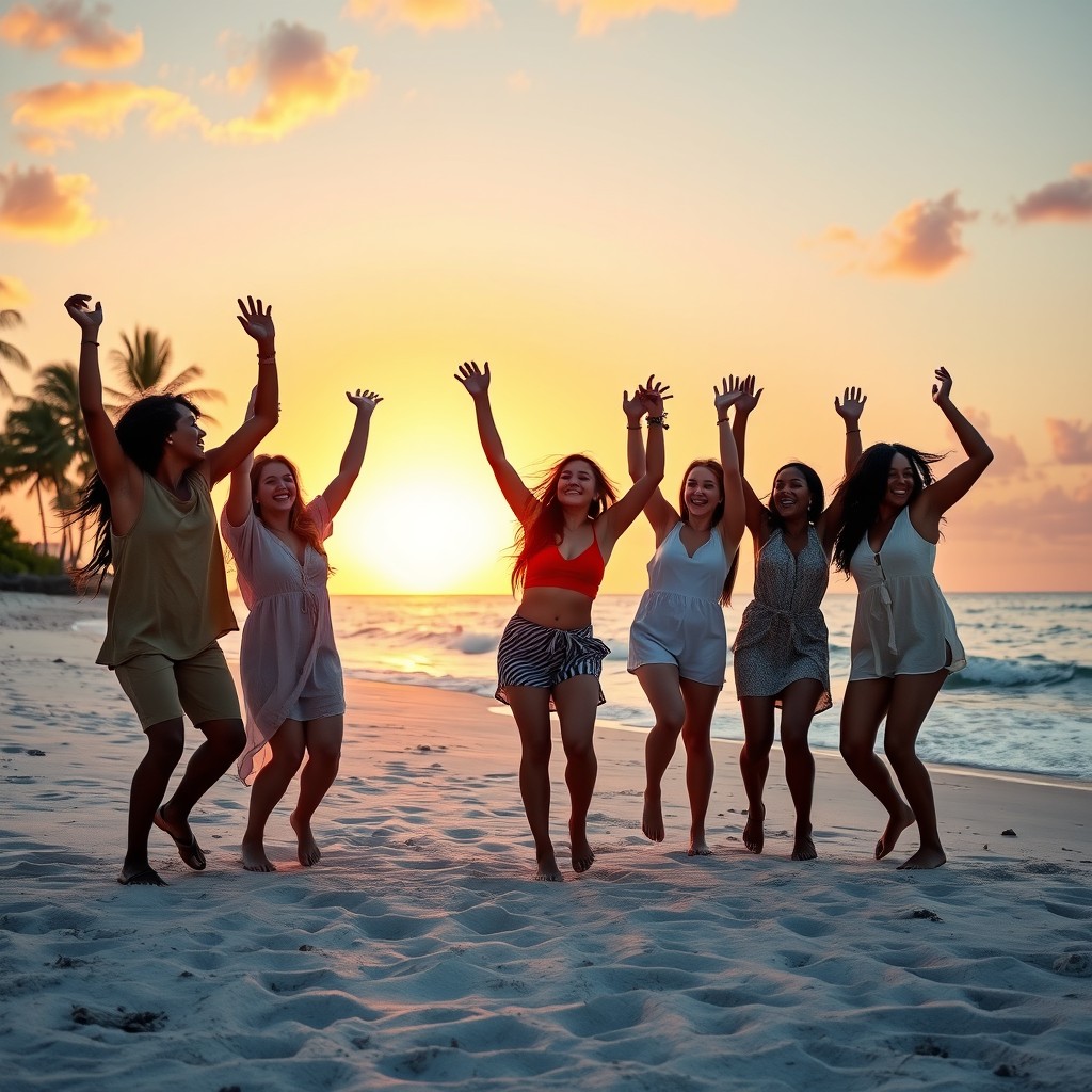 A lively and colorful scene of a group of friends dancing joyfully on a sandy beach at sunset