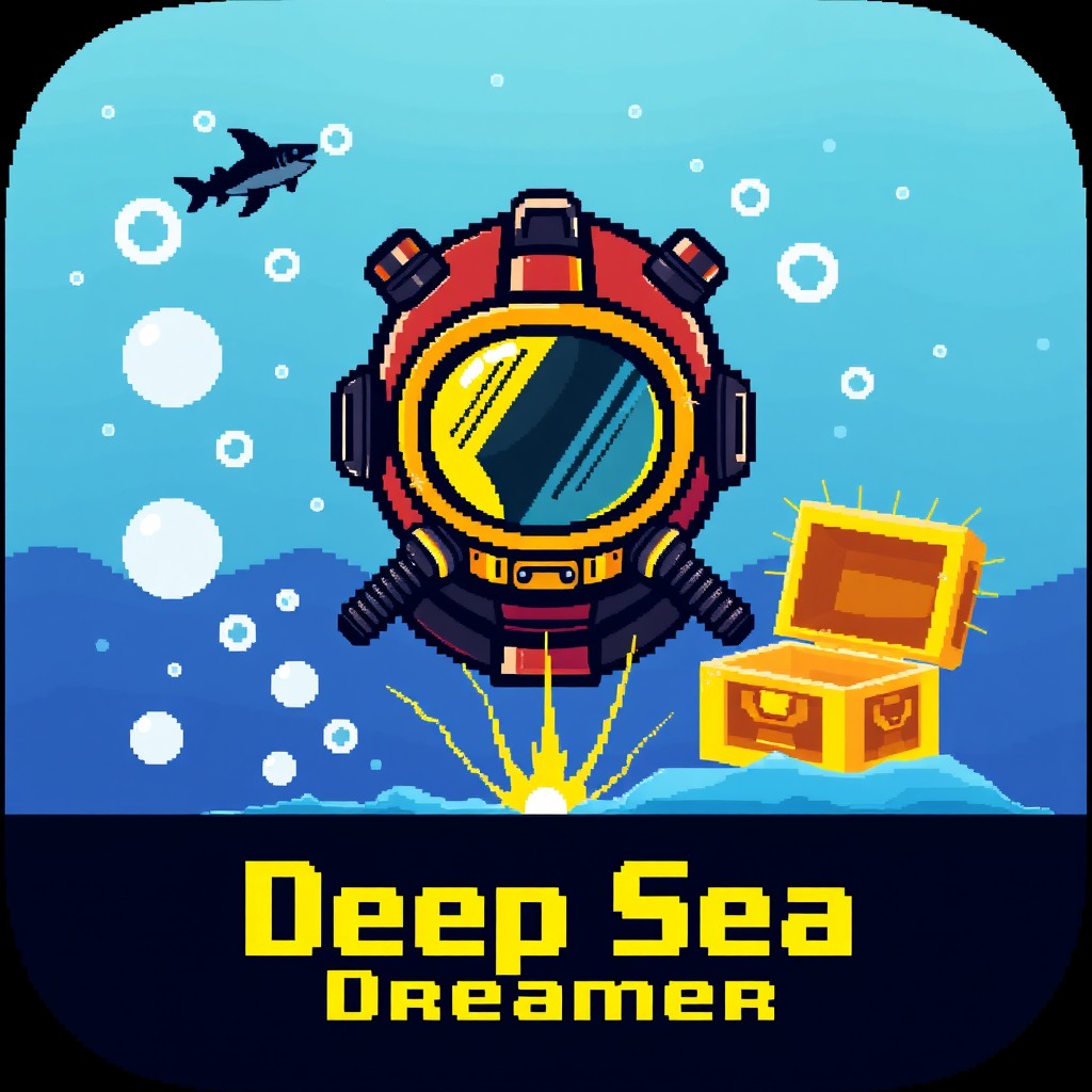 A pixel art game icon for 'Deep Sea Dreamer', featuring a retro diver helmet with a glowing visor as the central element