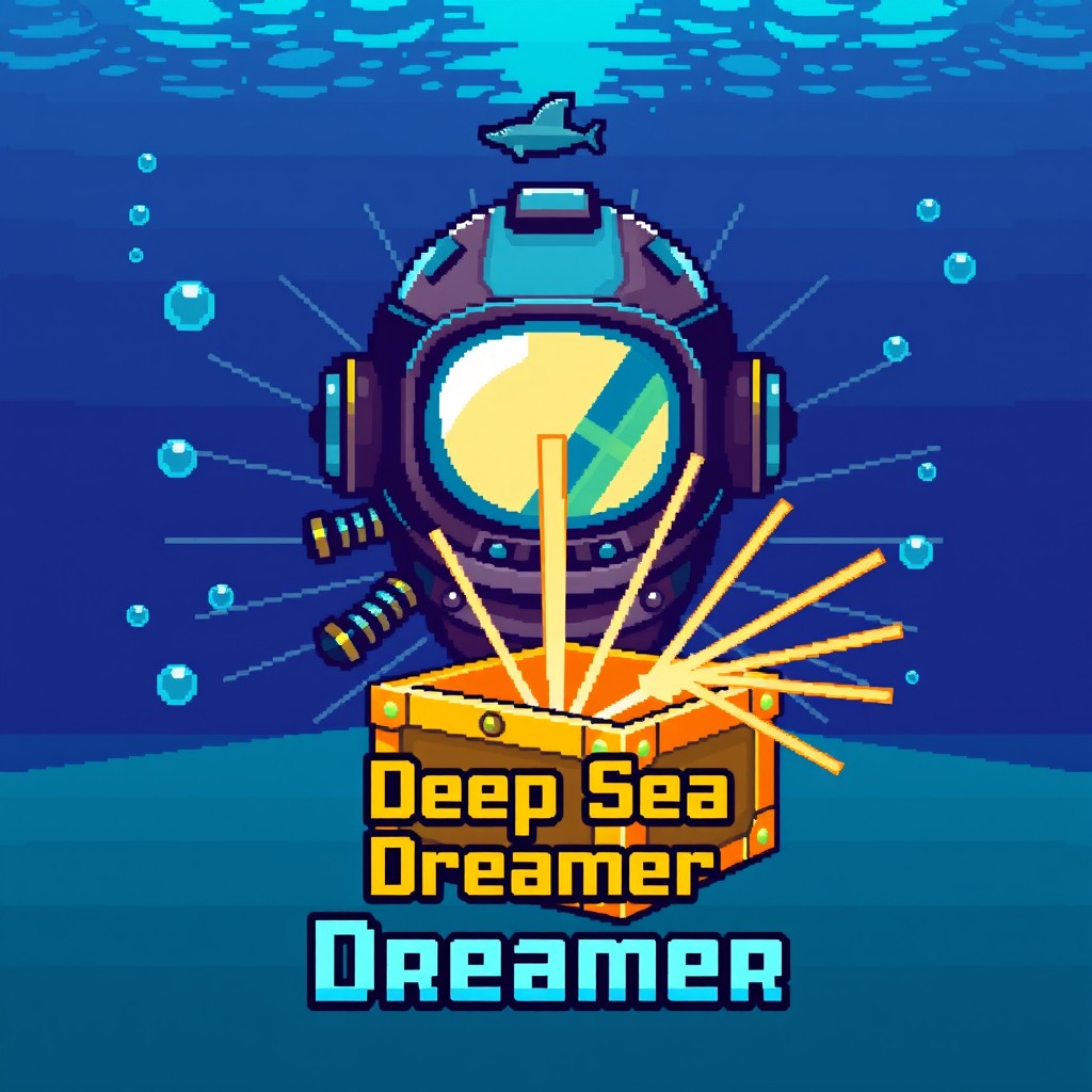 A pixel art game icon measuring 512x512 for 'Deep Sea Dreamer', featuring a central retro diver helmet with a glowing visor