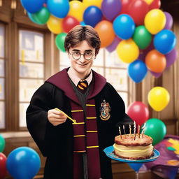 Harry Potter in his wizard robes, smiling, holding a colorful birthday cake with lit candles, in a room decorated with balloons and streamers. It's a surprise party setting with Hogwarts in the background.