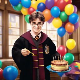 Harry Potter in his wizard robes, smiling, holding a colorful birthday cake with lit candles, in a room decorated with balloons and streamers. It's a surprise party setting with Hogwarts in the background.