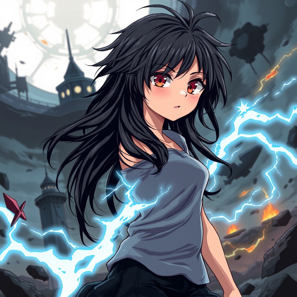 An anime-style illustration of a 14-year-old girl with messy long black hair and striking red eyes