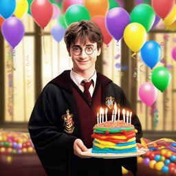 Harry Potter in his wizard robes, smiling, holding a colorful birthday cake with lit candles, in a room decorated with balloons and streamers. It's a surprise party setting with Hogwarts in the background.