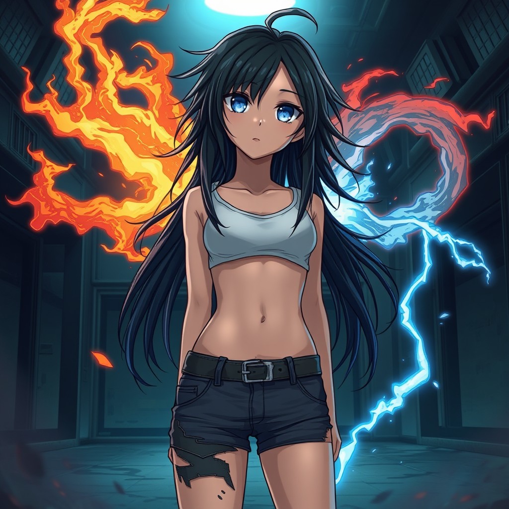 A 14-year-old girl with messy long black hair and striking blue eyes, showcasing her fit physique