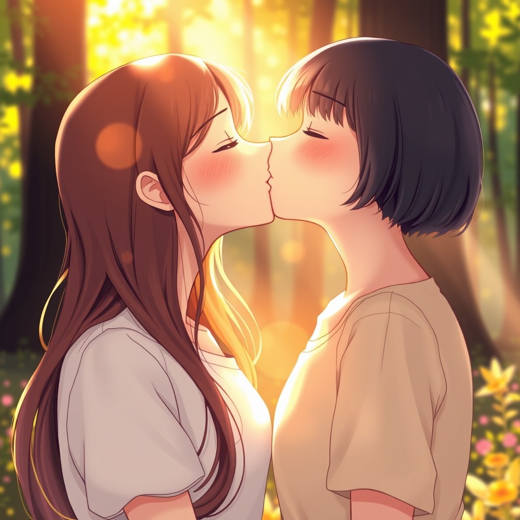 A tender and intimate moment between two girls sharing a kiss in a soft, dreamy setting