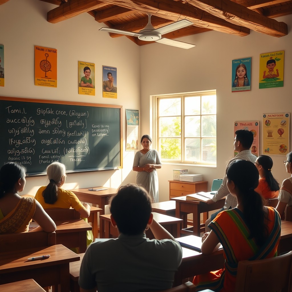 An image of a serene and picturesque classroom setting with a teacher passionately explaining the Tamil language to a group of attentive adult students