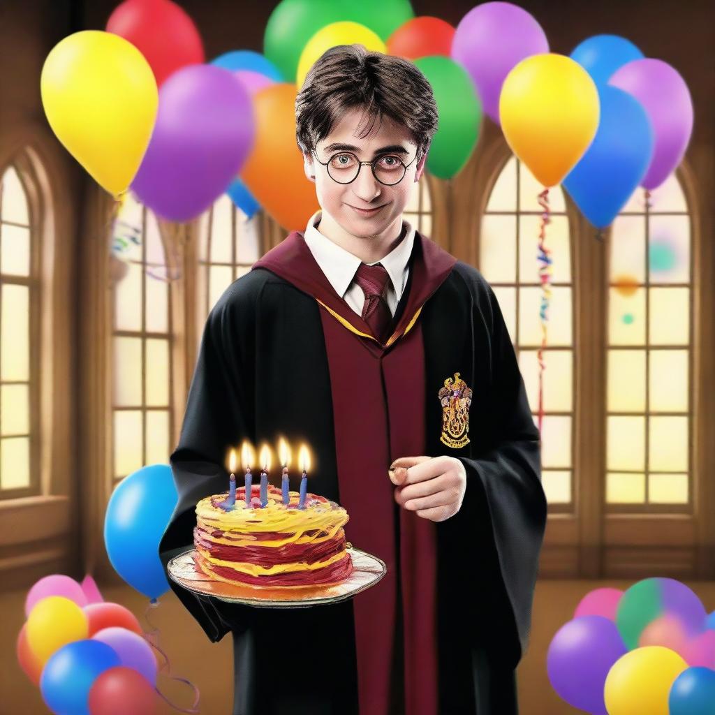 Harry Potter in his wizard robes, smiling, holding a colorful birthday cake with lit candles, in a room decorated with balloons and streamers. It's a surprise party setting with Hogwarts in the background.