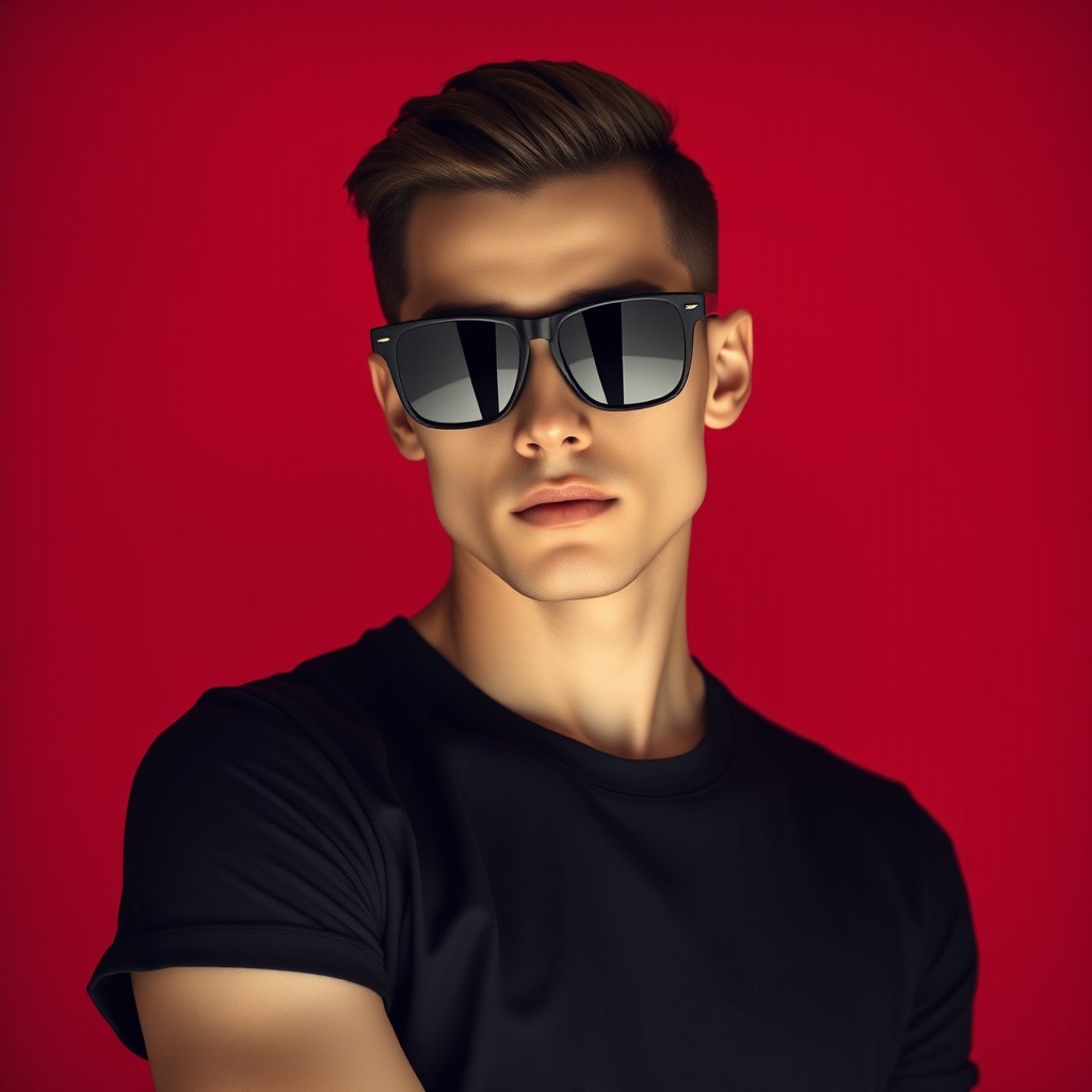 A highly stylized portrait of a person with sharp features and flawless fair skin, wearing a black t-shirt and black sunglasses, standing confidently against a bold red gradient background