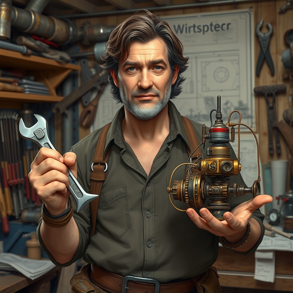 A middle-aged man character from Dungeons & Dragons, standing in his workshop